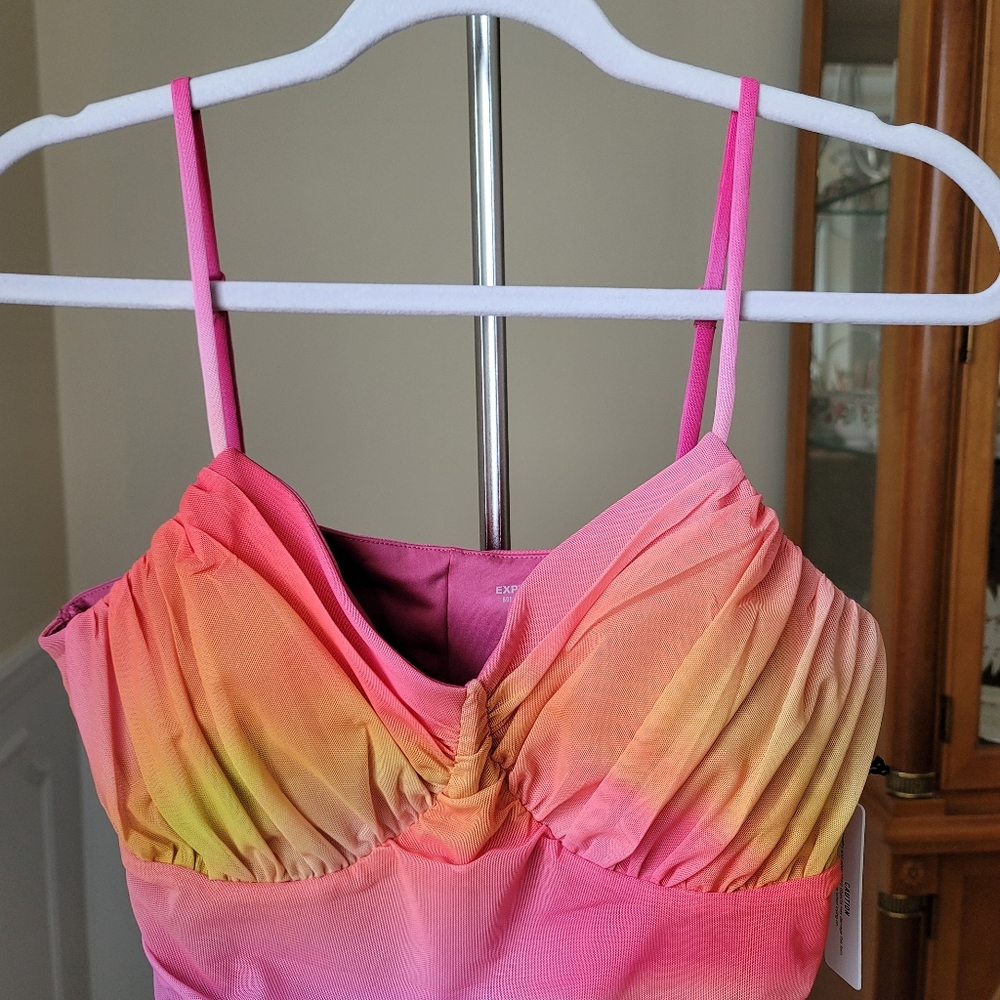 $64 Express Body Contour Ruched Ombre Mesh V-Neck Bodysuit Coquette Fairy Barbie - Picture 3 of 16